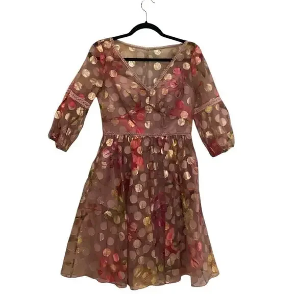 Marchesa Notte V-Neck Bubble Sleeve Polka Dot Cocktail Dress Blush Size 4 - Picture 4 of 16